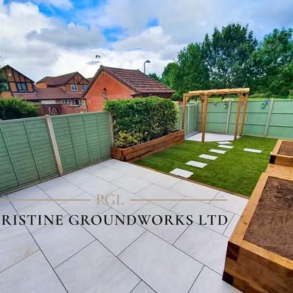 After: porcelain patio with a timber pergola, raised sleeper beds and stepping stones through a lawn