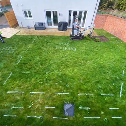 Lawn marked out with spray paint lines ready for a new garden layout