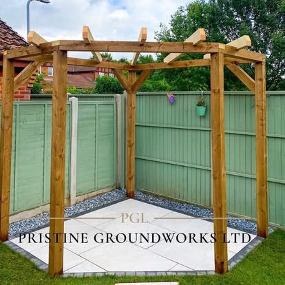 Timber pergola standing on a porcelain base